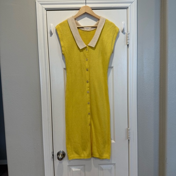 Vintage 60s Midi Knit Dress Women’s Small Yellow Cream Button Up Collar Feminine - Picture 2 of 9